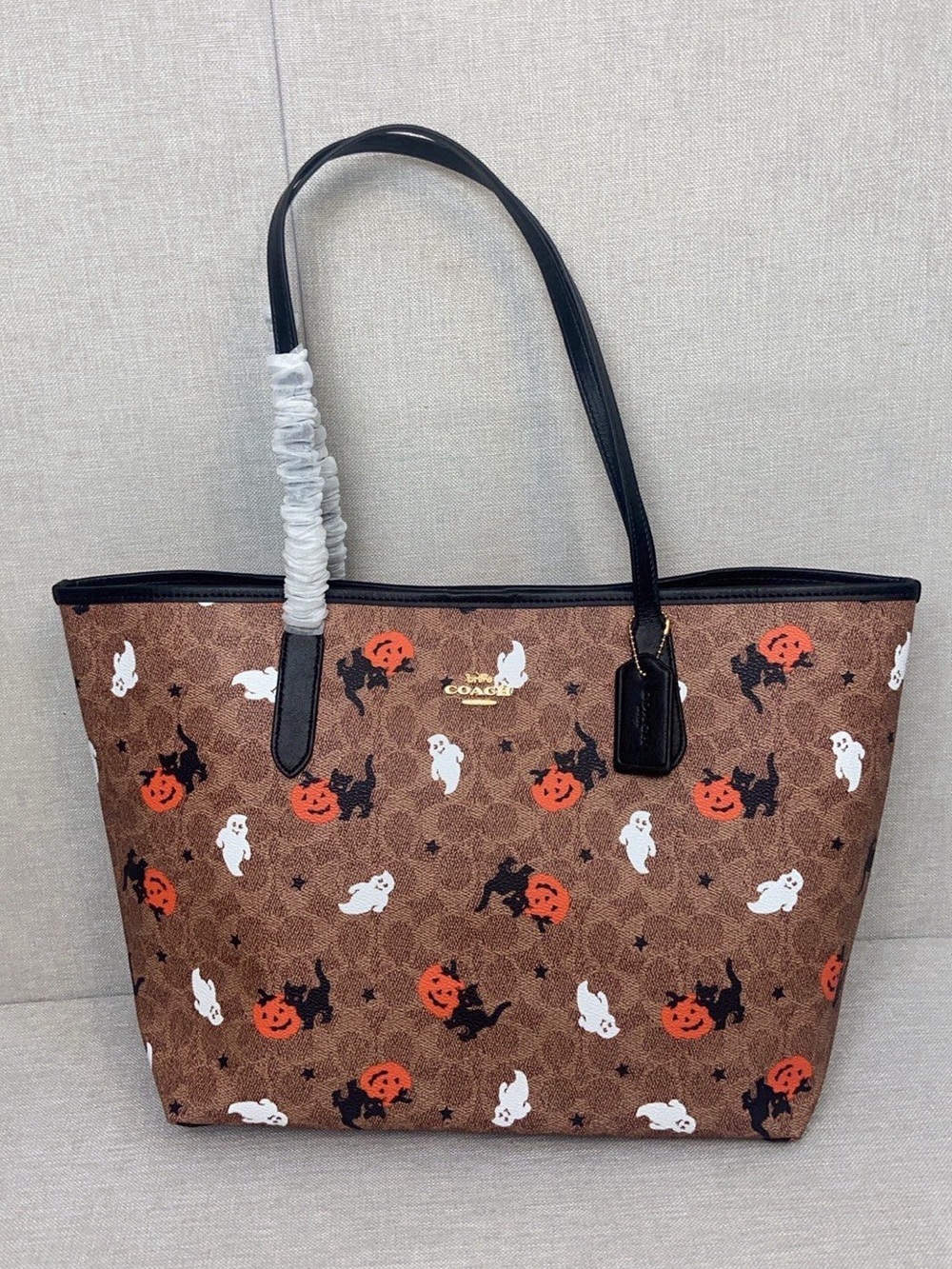 Coach Brown Halloween Ghost & Pumpkin Tote with Black Handles